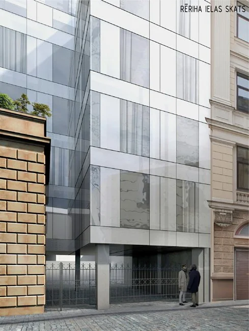 Two men walking past a modern glass building with reflective windows on a city street.