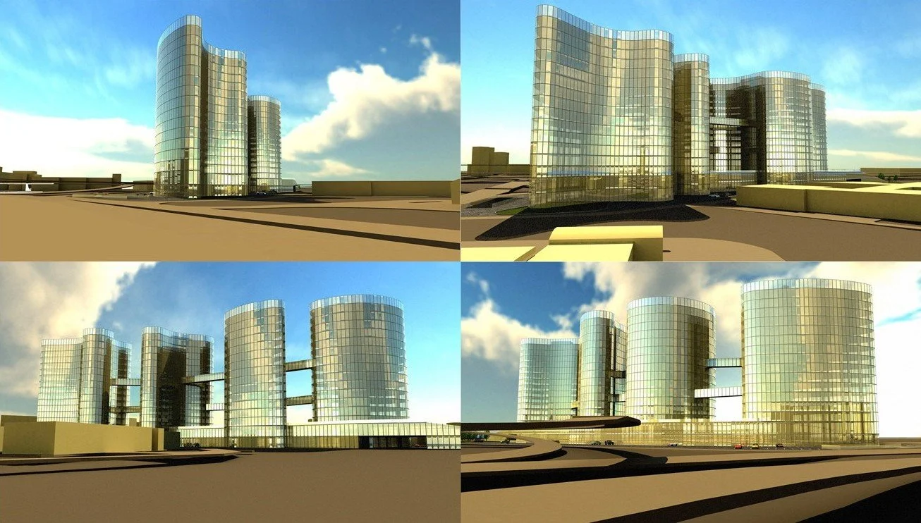 Collage of 3D-rendered modern glass skyscraper buildings with curved cylindrical shapes, connected by bridges, under a partly cloudy sky.