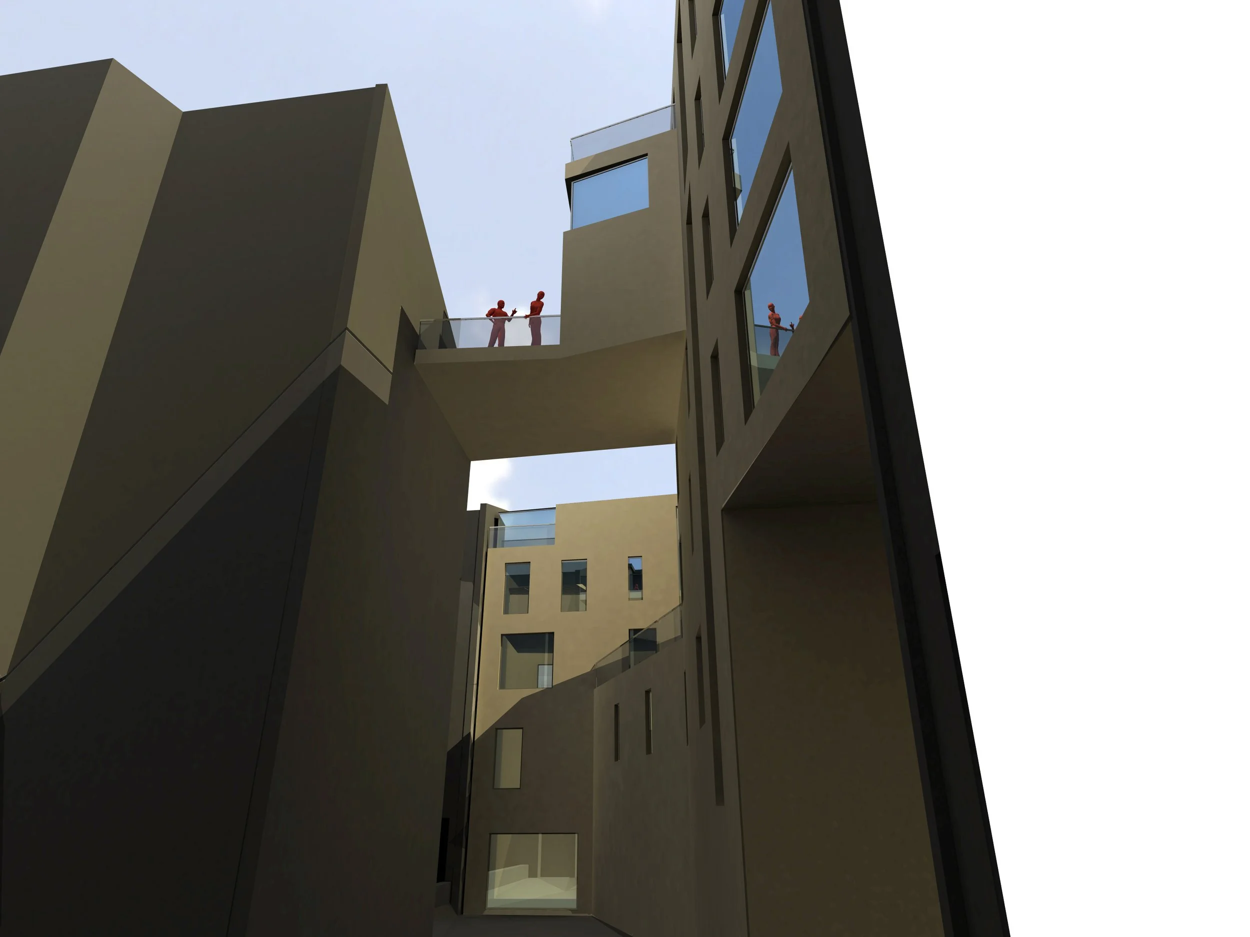 Low-angle view of modern apartment buildings with interconnected walkways and large windows, with two people standing on a balcony in the distance.