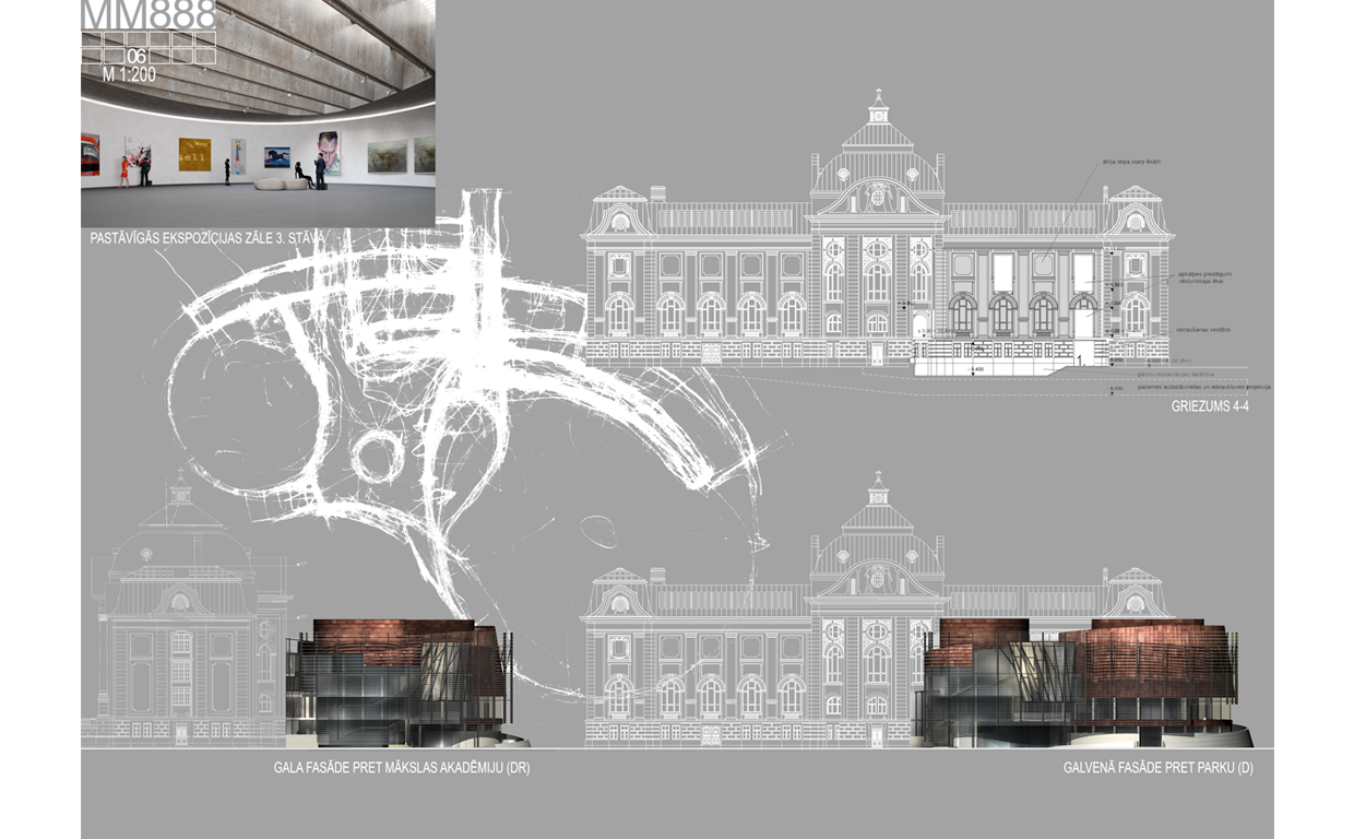 Architectural plans and renderings of a building project, including a facade, blueprint drawings, and a digital render of the proposed design.