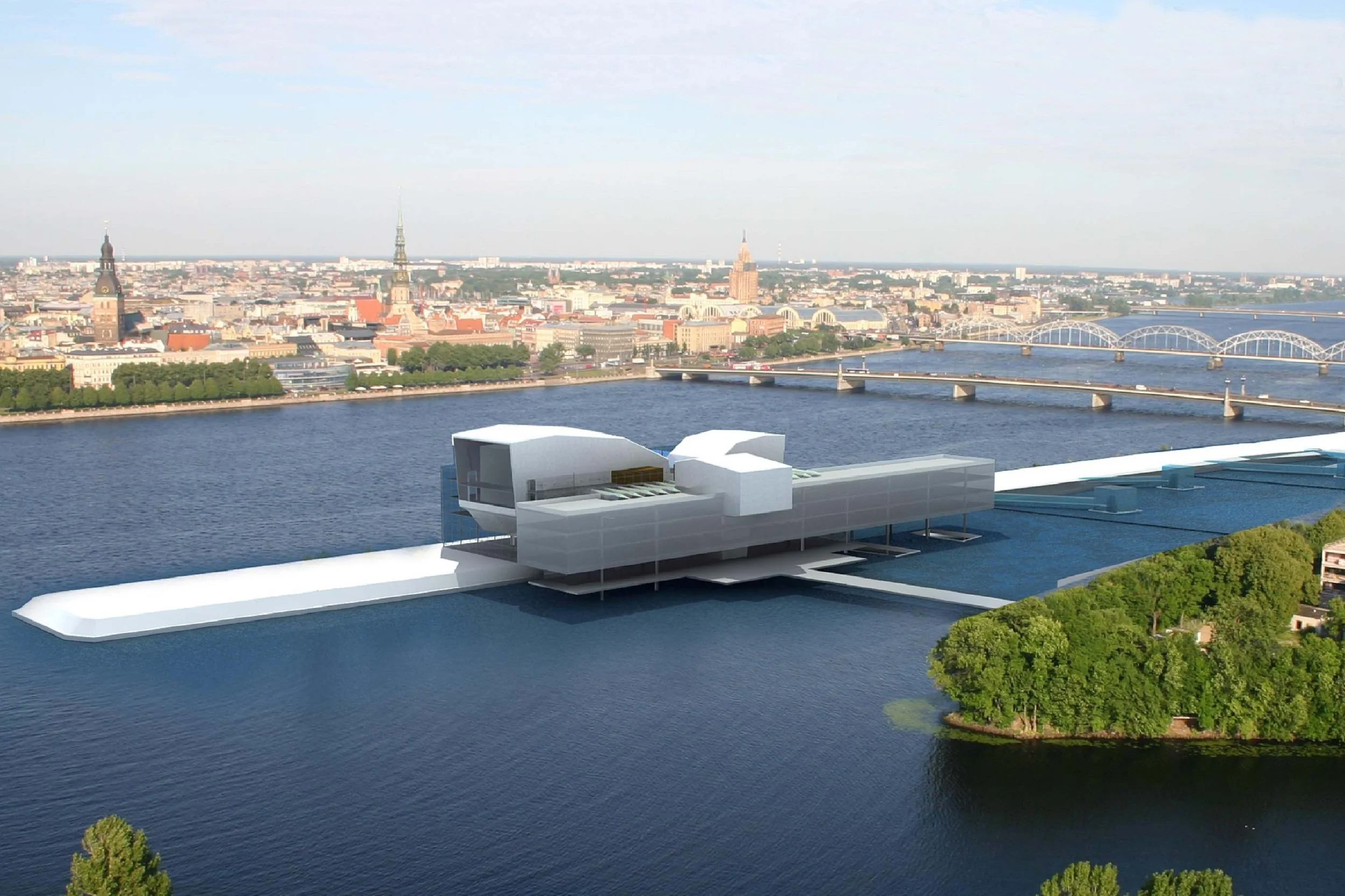 A digital rendering of a modern building design on a river, overlooking a cityscape with bridges and historic buildings.