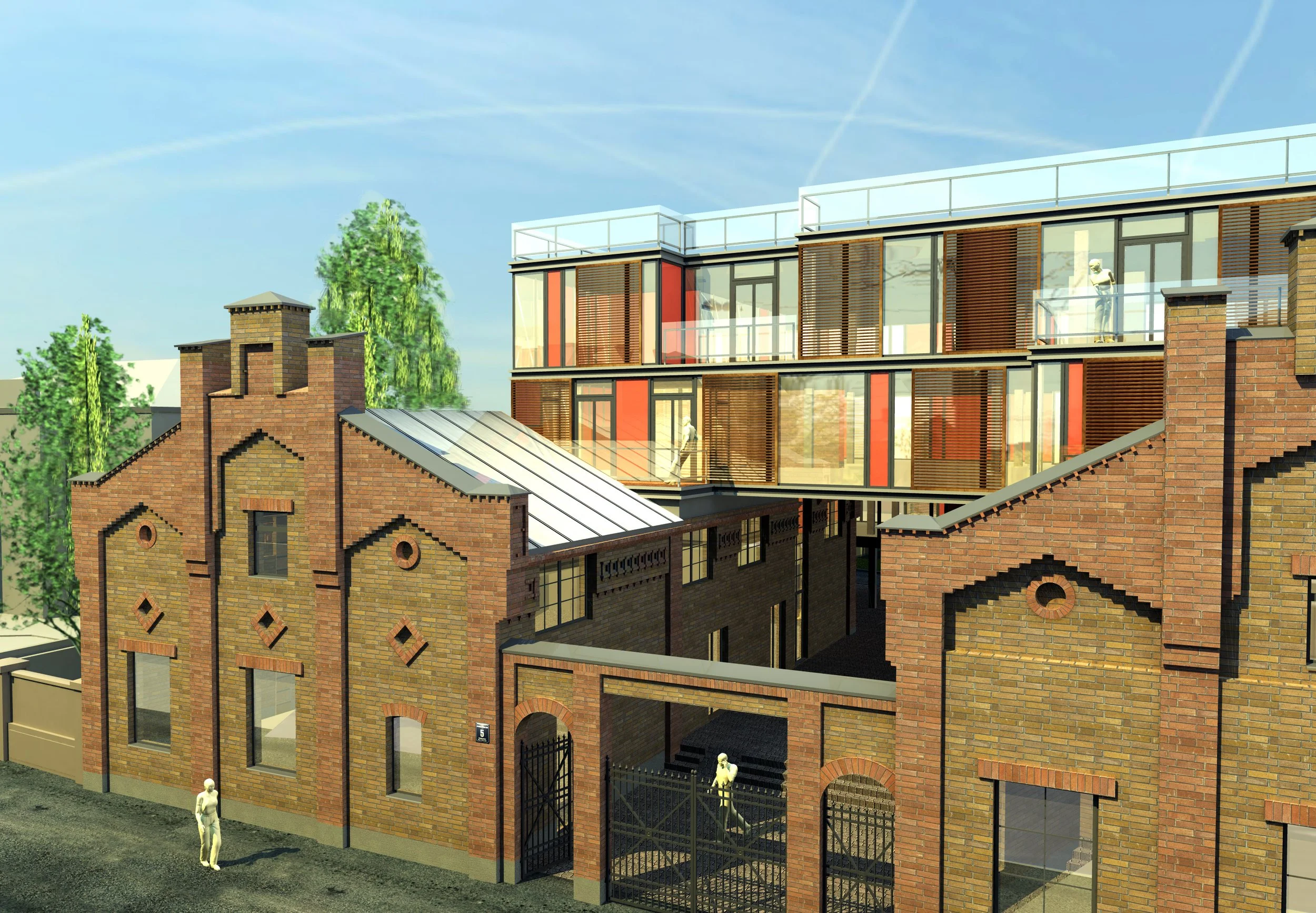 A modern building integrated with a historic brick structure, featuring glass balconies, wooden shutters, and rooftop terraces, with trees and a clear sky in the background.