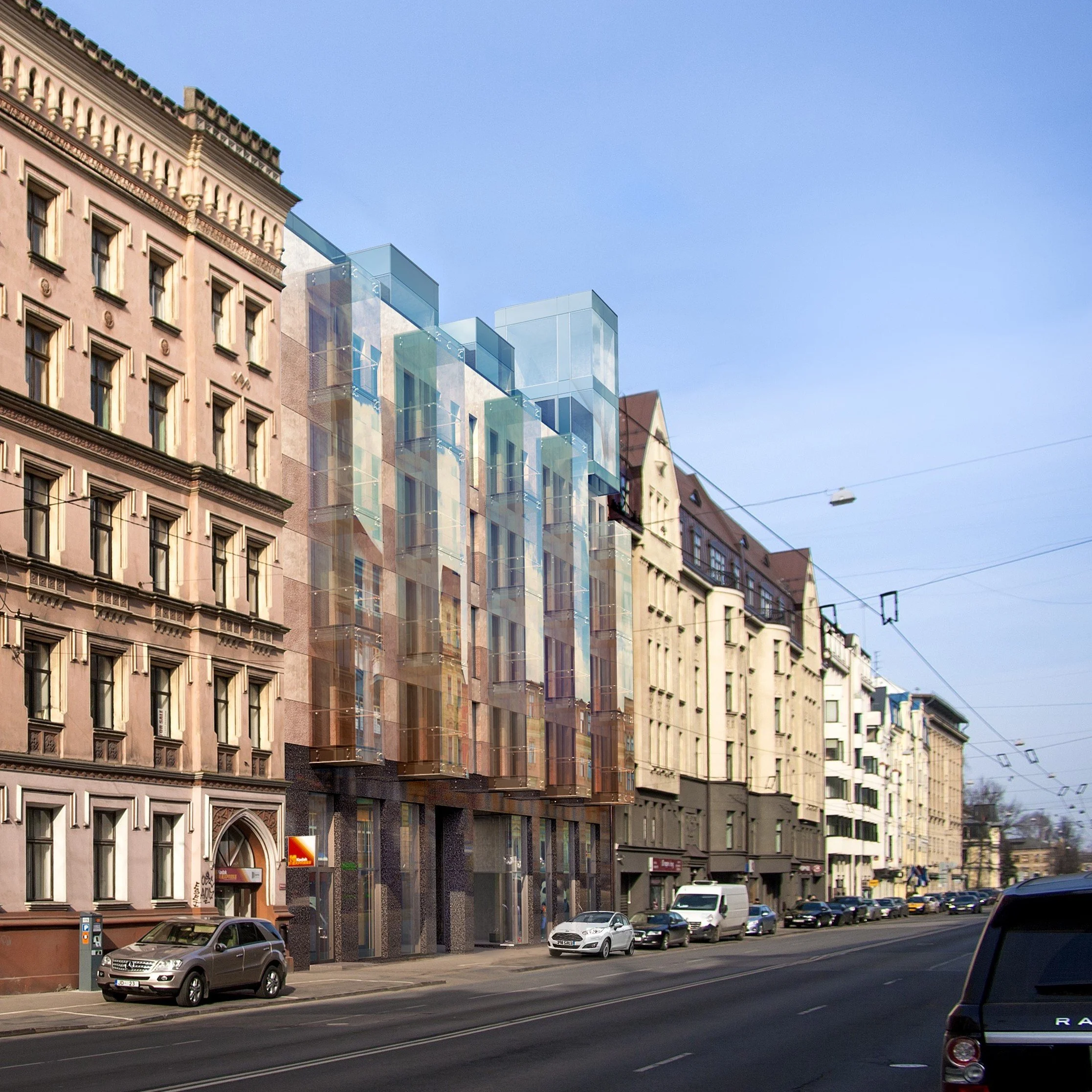 Street view with parked cars and a row of buildings, including a contemporary glass structure among historic-style buildings, under a blue sky.