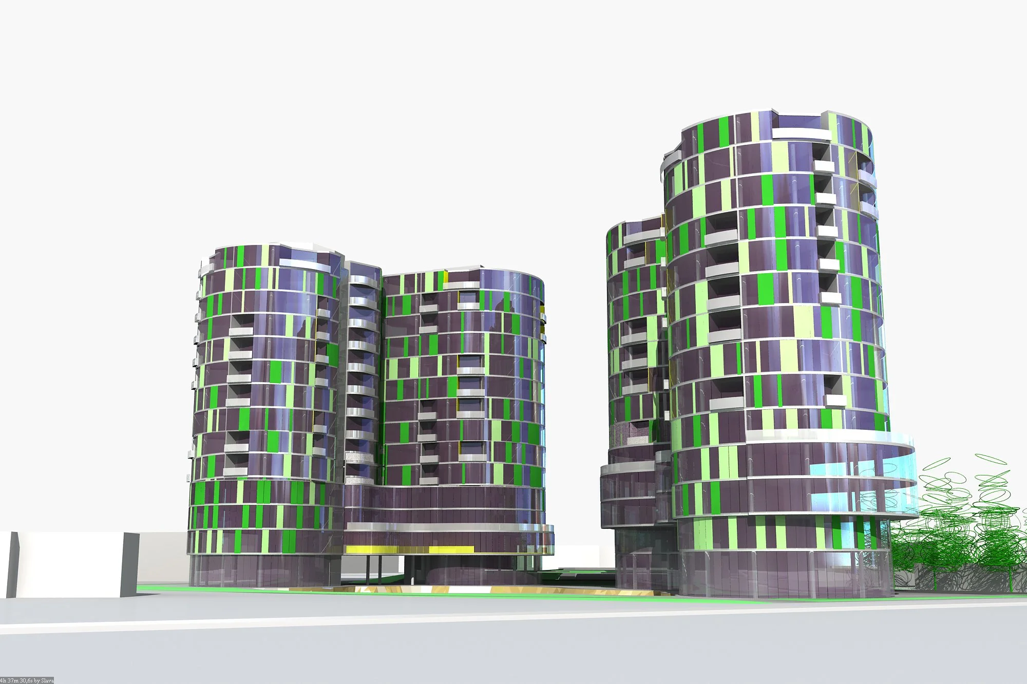 A modern architectural rendering of two high-rise buildings with a curved design, featuring multicolored glass panels primarily in green and purple shades.