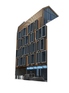 Modern multi-story building with large blue-tinted windows and wooden panel accents, featuring a digital sign and parking area in front.