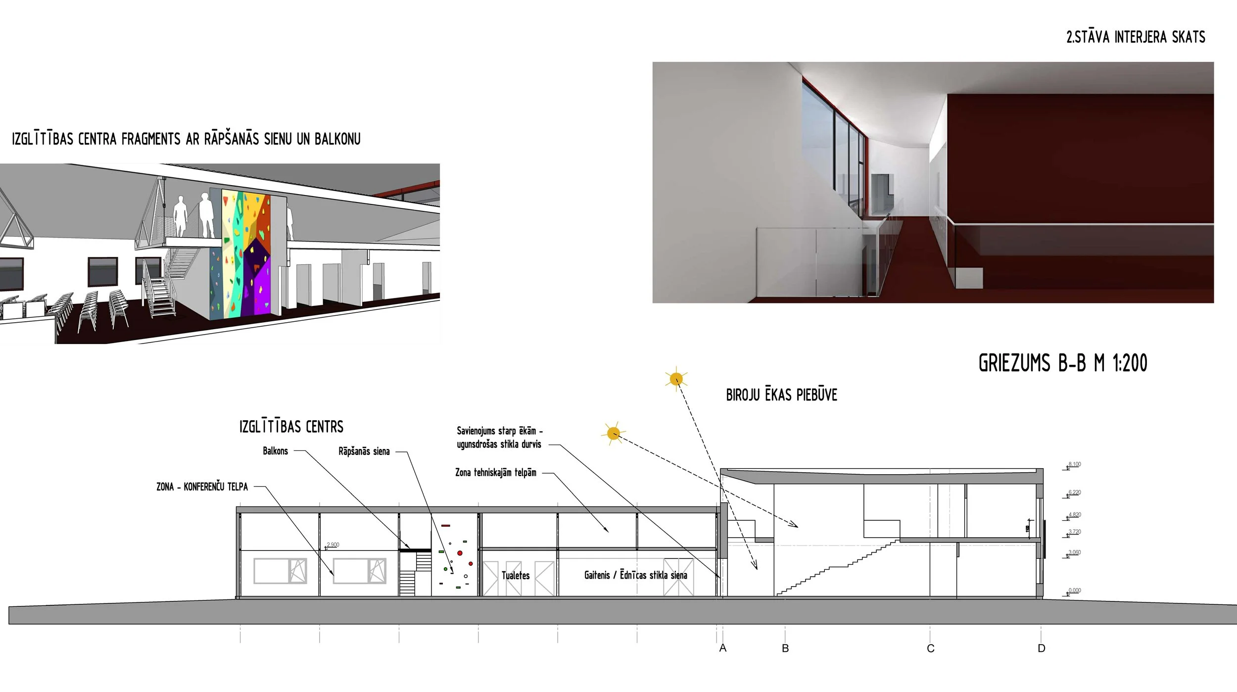 Architectural design drawing of interior spaces, including a climbing wall, office staircase, and conference area, with detailed floor plans and elevations.