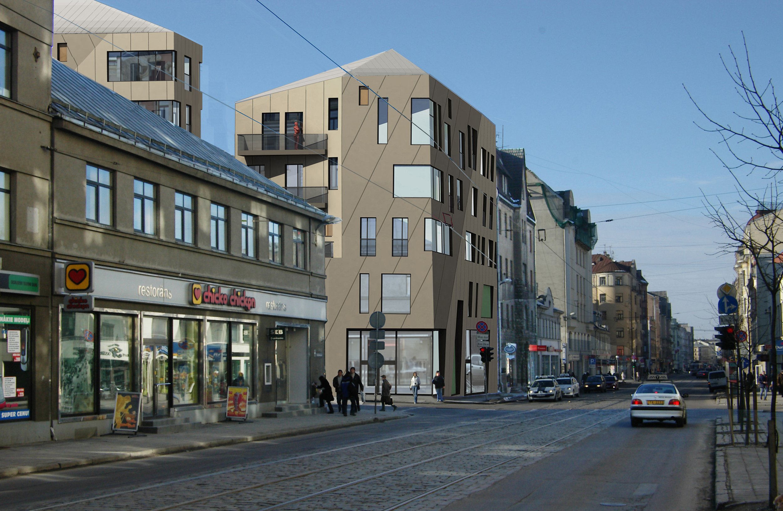 A city street with a mix of old and modern buildings, cars on the road, and pedestrians walking.
