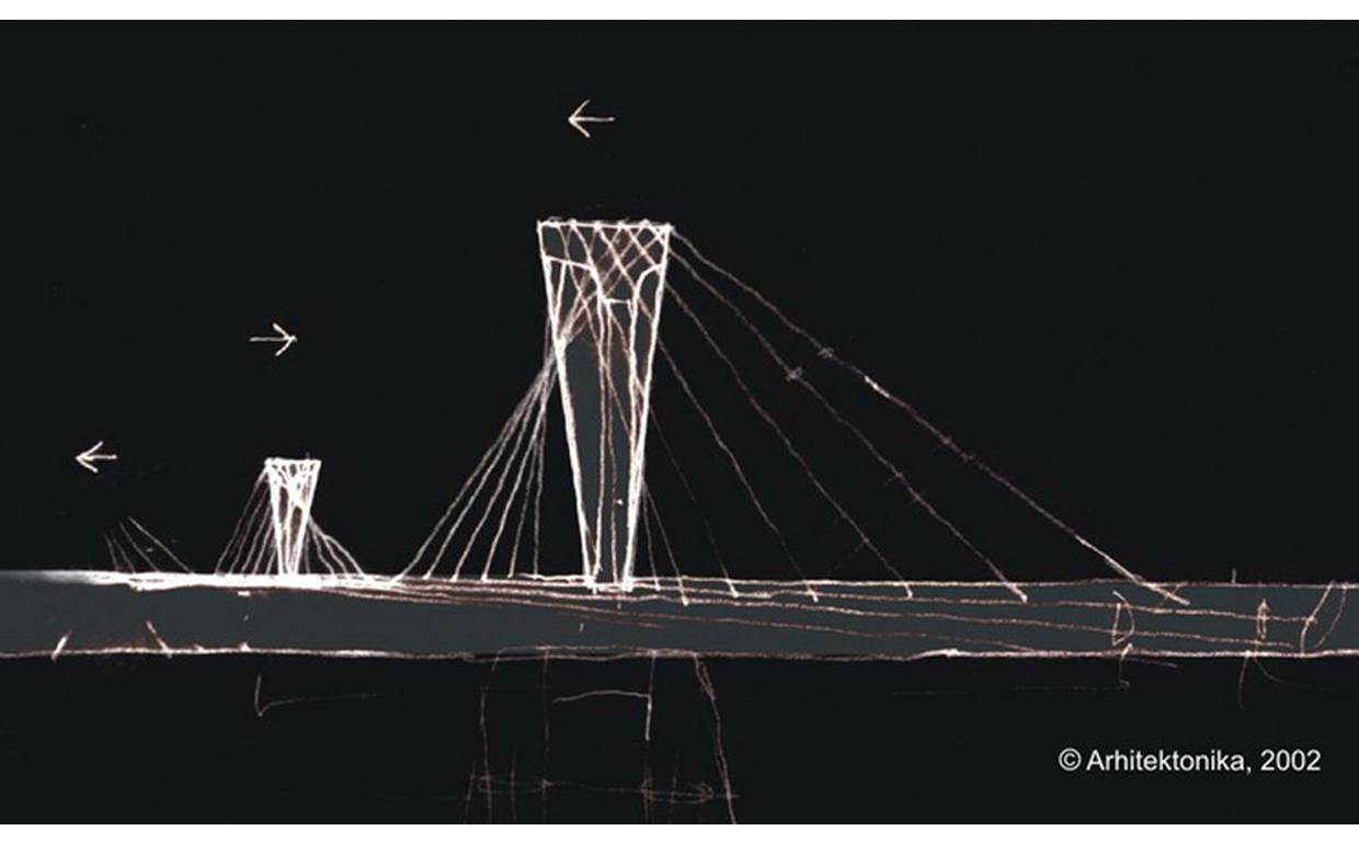 Sketch of a cable-stayed bridge with two towers and supporting cables, with directional arrows pointing left and right.