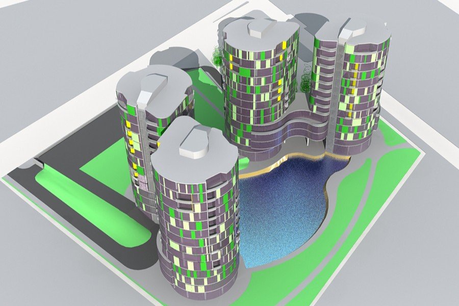 A futuristic architectural design of a complex with multiple cylindrical buildings surrounding a pond, featuring green landscaping and yellow, green, and purple window accents.