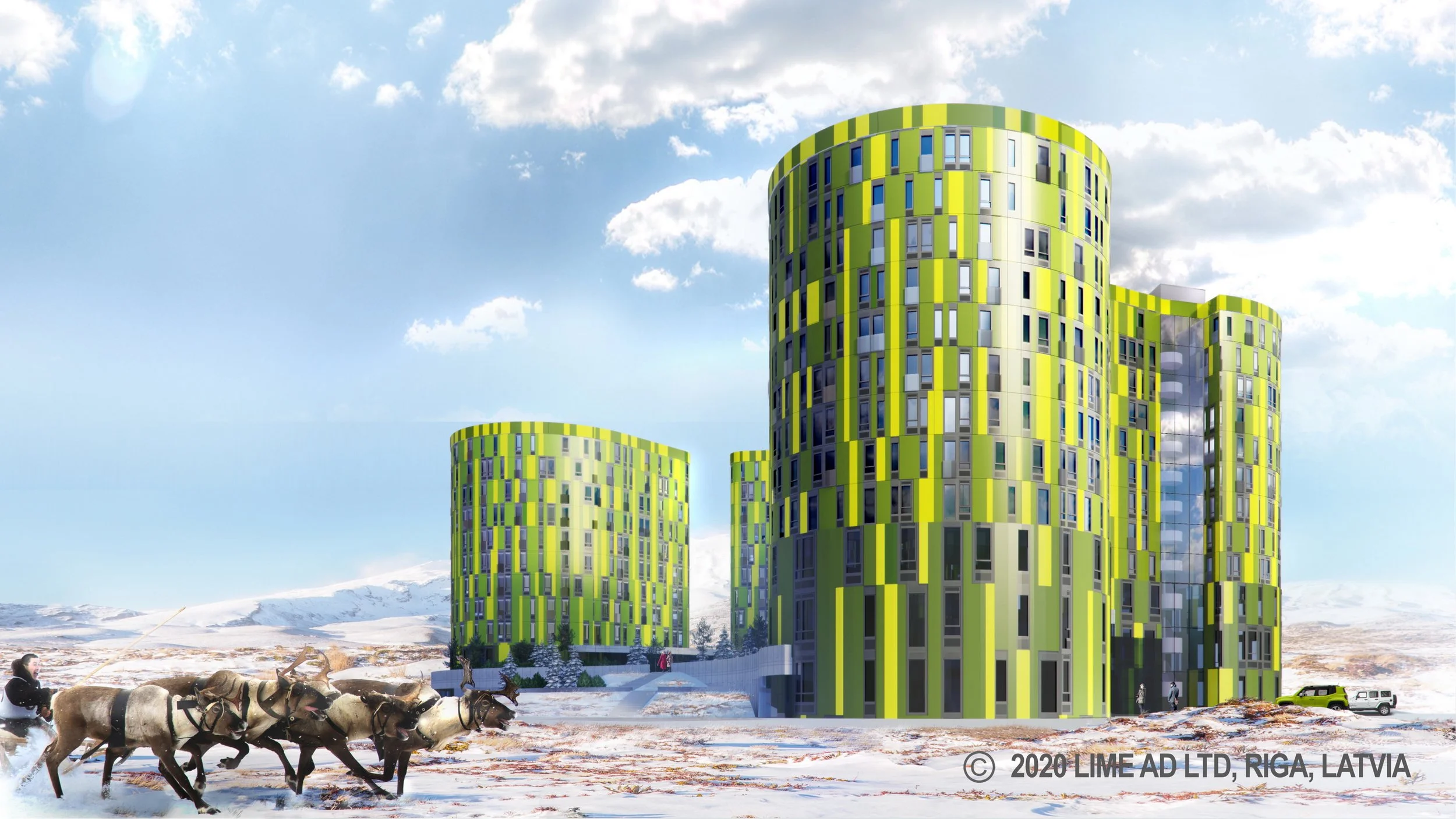 Modern green and black high-rise buildings in a snowy landscape with mountains in the background, a person riding a dog sled, and vehicles parked nearby.