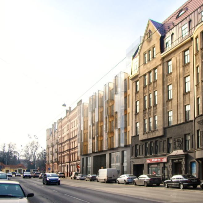 Street view with historic and modern buildings, parked cars, and a few moving vehicles