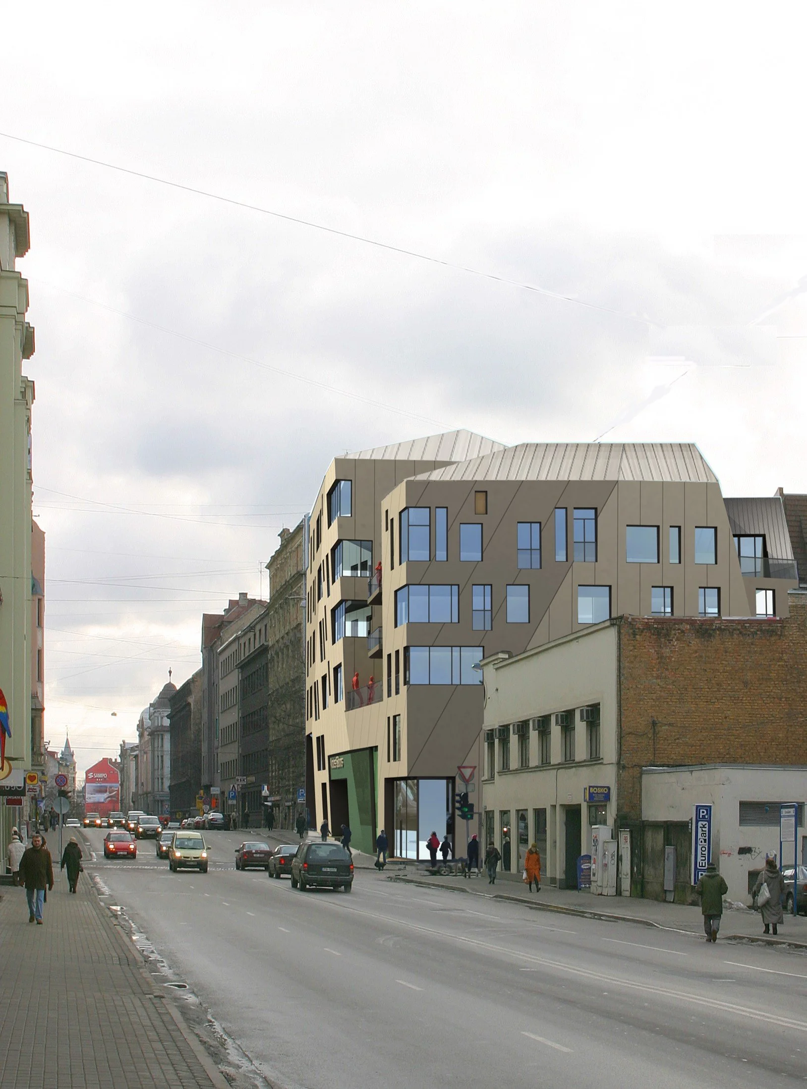Modern multi-story building with angular design and large windows on a city street, with cars and pedestrians.