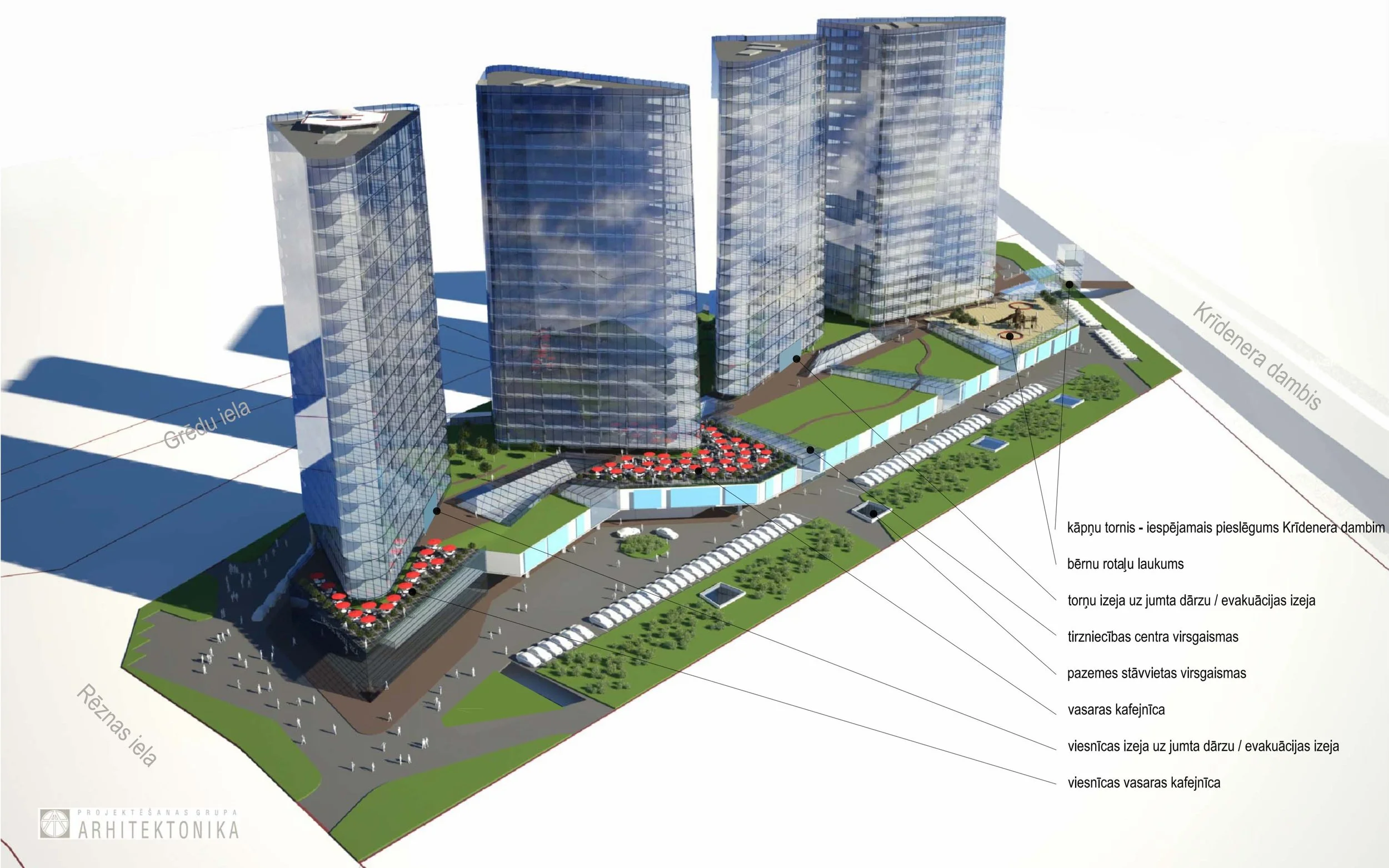 A digital rendering of a modern residential or office complex with four high-rise glass buildings, landscaped outdoor areas, recreational spaces, parking, and pathways. The image includes labels in Latvian indicating features like entrance gates, playgrounds, and emergency exits.