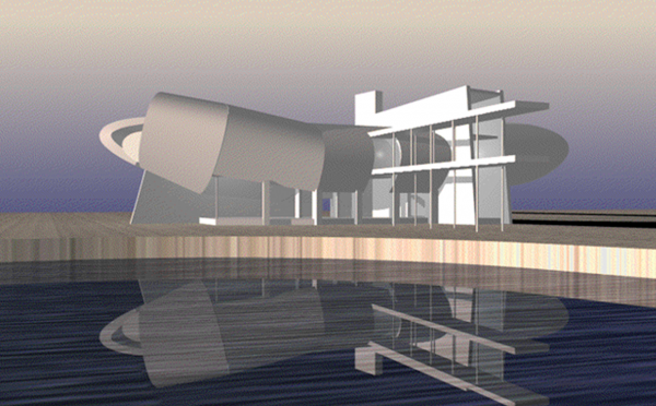 Digital rendering of a modern architectural building with curved and angular structures beside a reflecting pool.