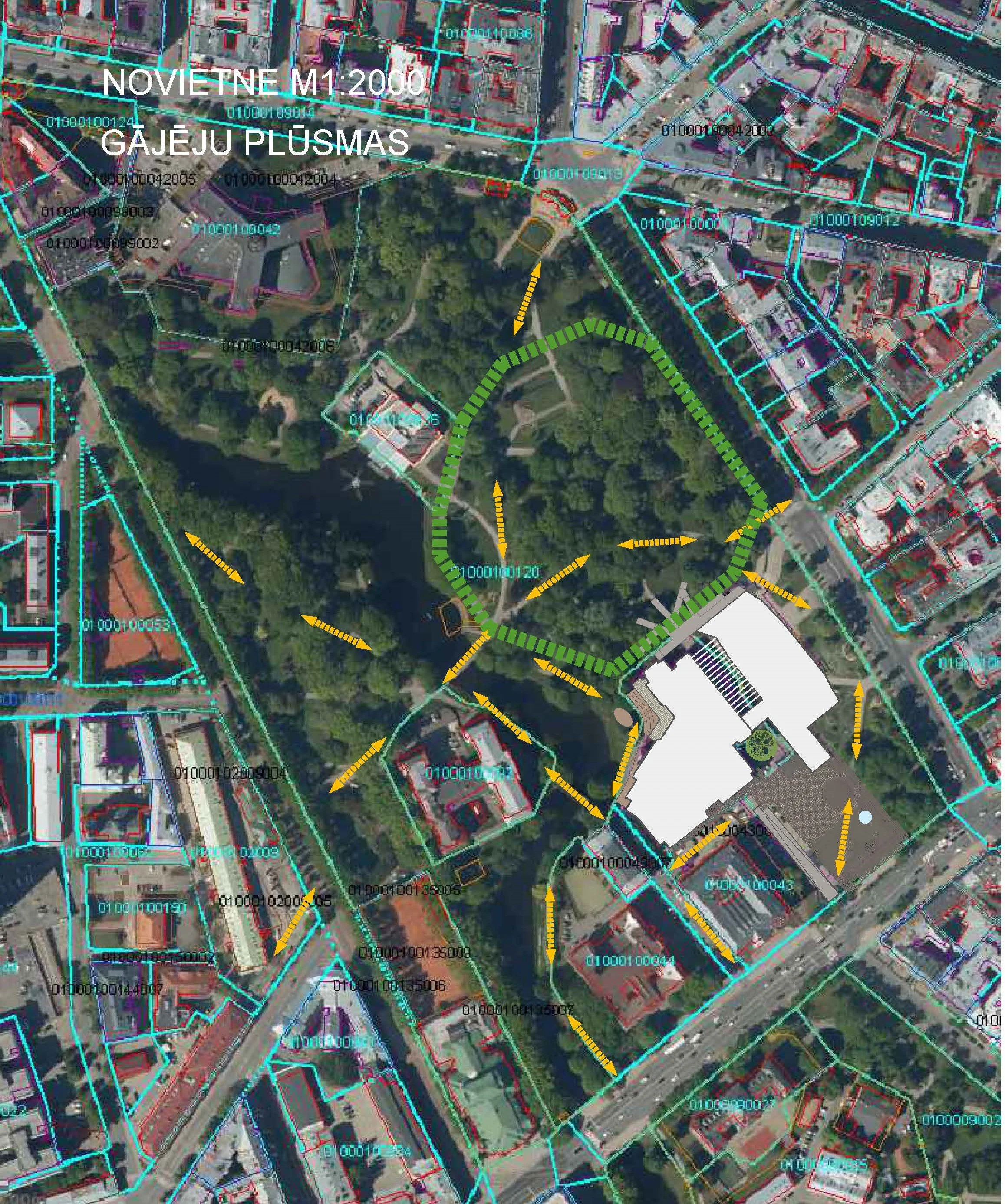 Aerial map of a park with surrounding buildings, marked by green and yellow directional arrows and lines indicating pathways and borders, with labels and overlay data.
