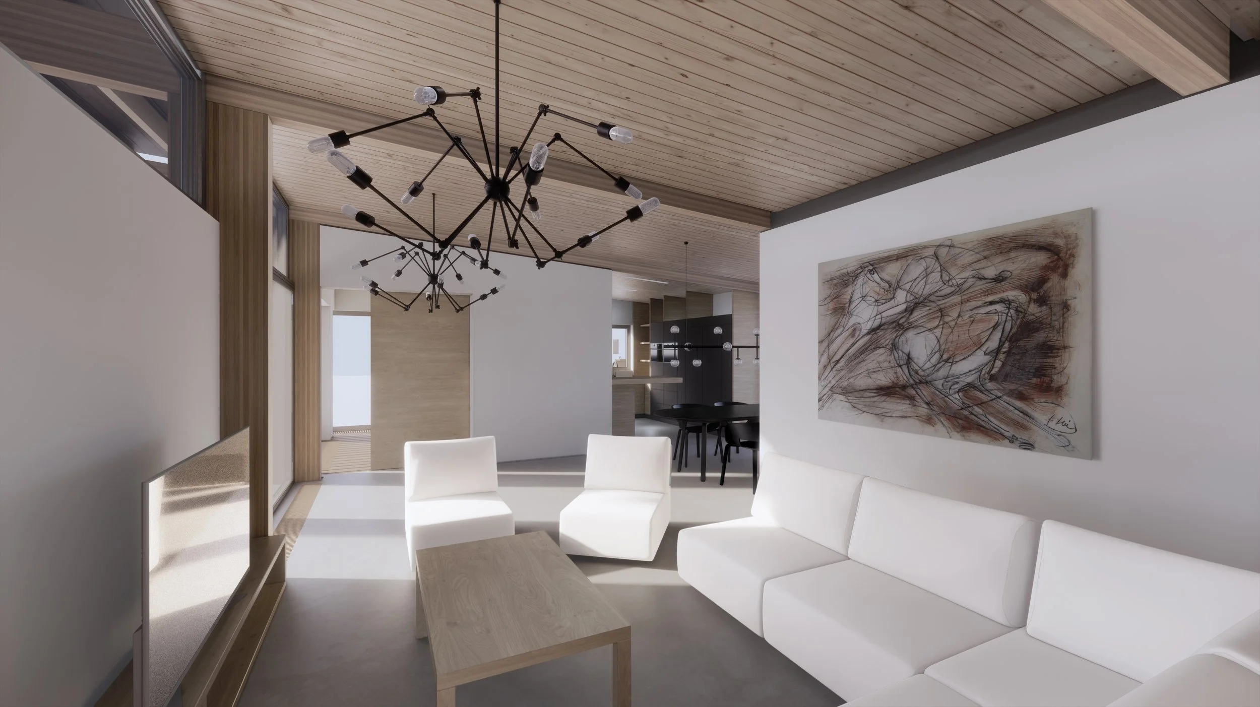 Modern living room with white sofa and chairs, abstract artwork on the wall, wood ceiling, black artistic chandelier, and black dining table with chairs in background.