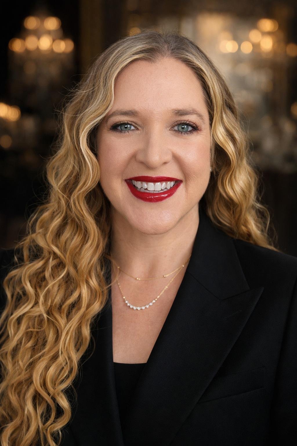 A woman with long, wavy blonde hair, blue eyes, and red lipstick, smiling at the camera, wearing a black blazer and layered necklaces, in an elegant indoor setting with warm lighting.