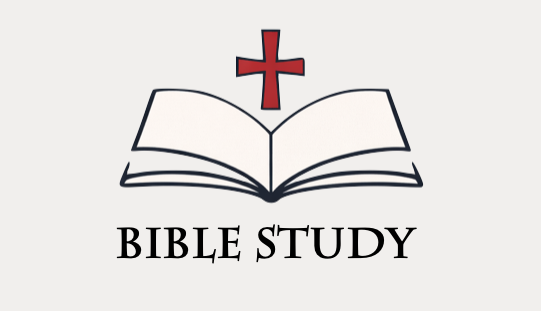Open Bible with a red cross above it, and the words 'Bible Study' below.