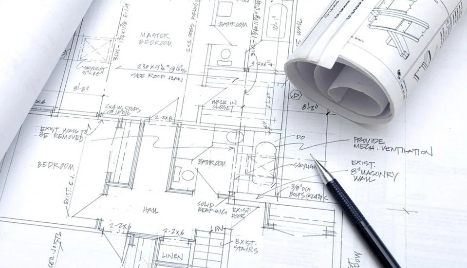 Architectural blueprint with rooms, measurements, and construction details, along with a rolled-up section of the plan and a black pen pointing to specific areas.
