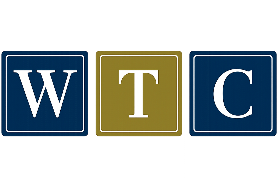 Three blocks spelling out "WTC" with blue blocks for "W" and "C" and a gold block for "T".