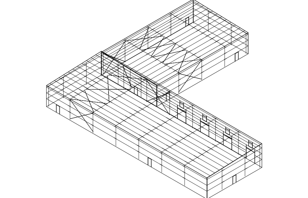 Line drawing of a building's wireframe structure, showing multiple rooms and a complex roof design.