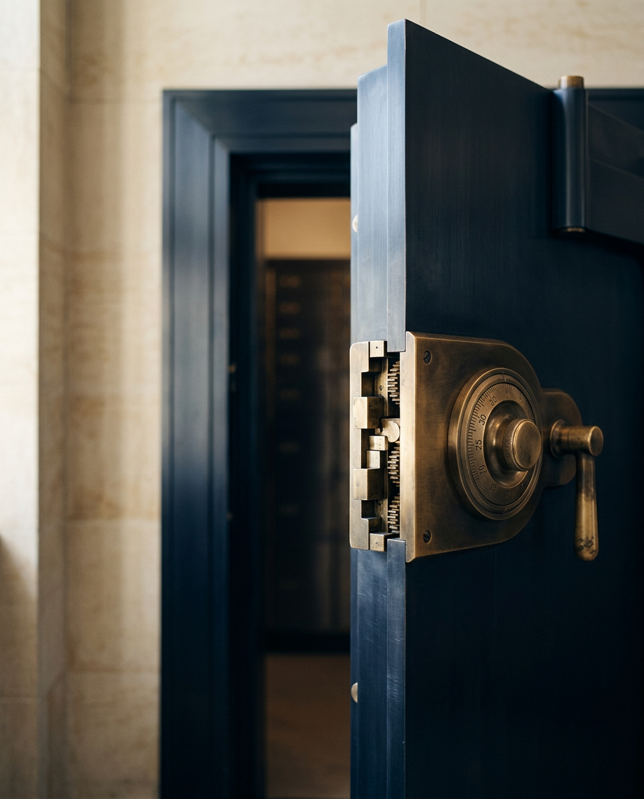 Cassaforte aperta con meccanismo di chiusura visibile, porte blu scuro in un ambiente interno.