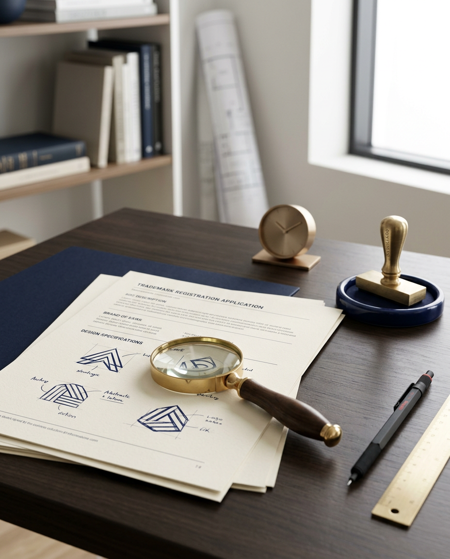 Documento con disegni di loghi di design, una lente d'ingrandimento, una penna, una riga e orologi, su un tavolo di legno.