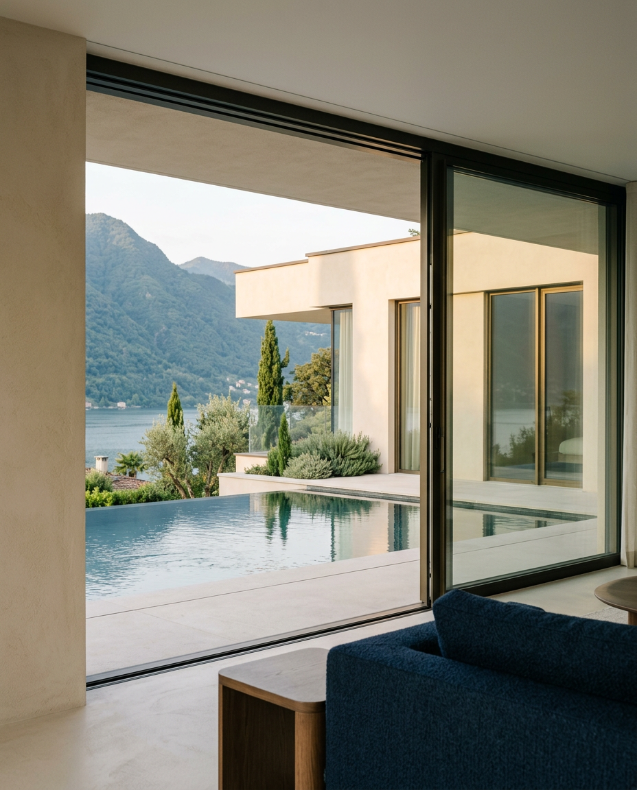 Interno di una casa moderna con pareti chiare e grande finestra scorrevole che guarda un piscina con vista su montagne e natura, arredamento minimalista con divano blu.