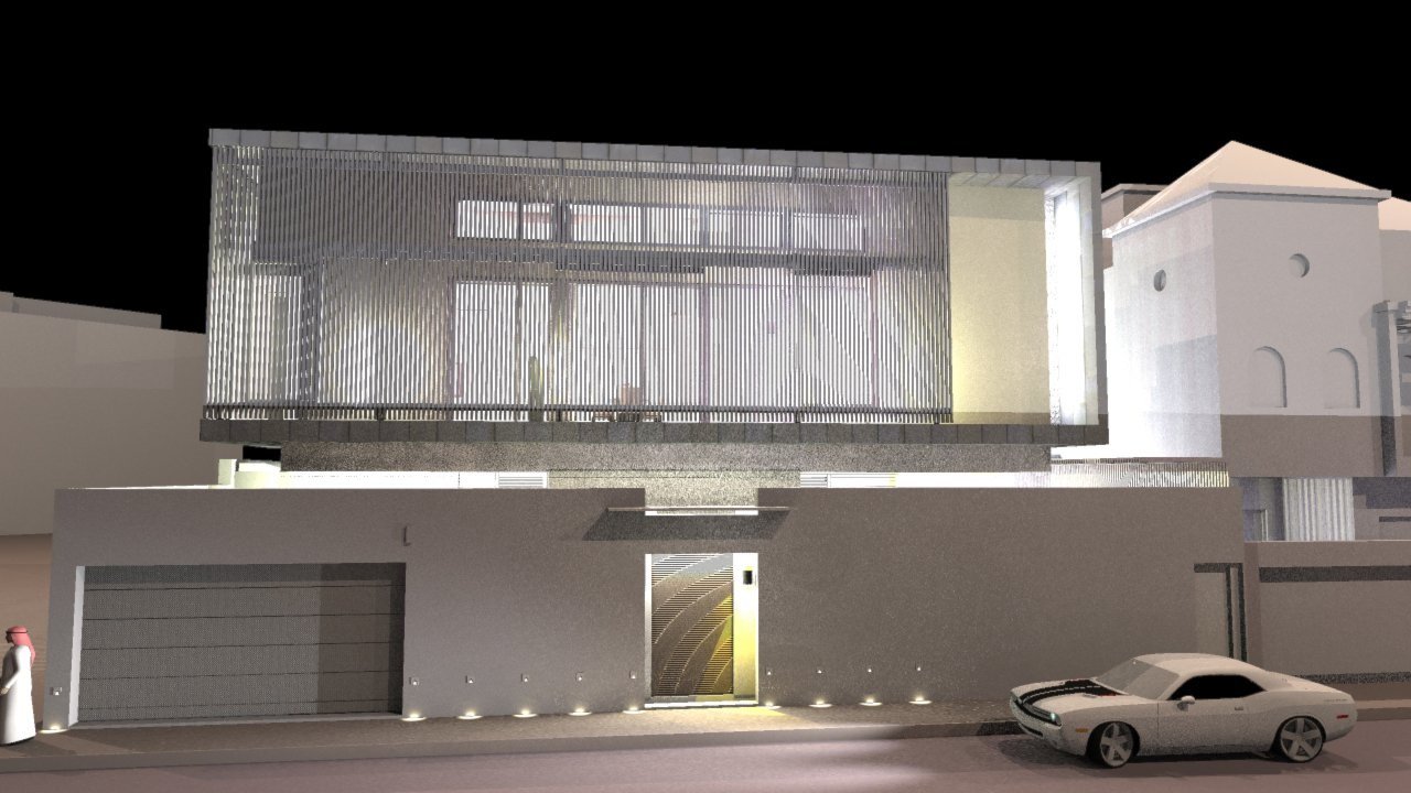 Modern two-story building at night with distinctive facade and a parked white sports car in front.