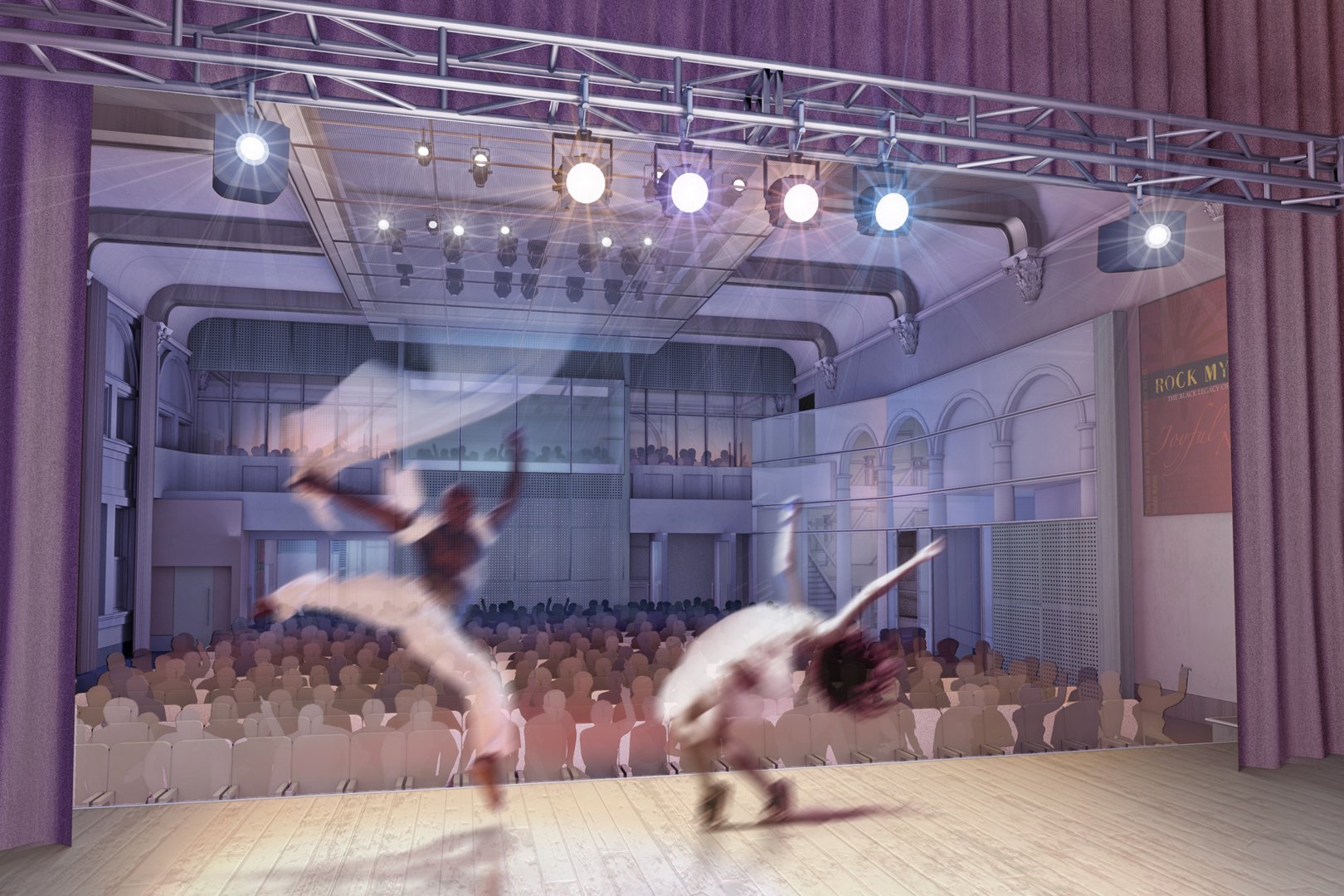 A view of a ballet stage with two blurred dancers performing, facing towards an audience seated in an auditorium. The auditorium has bright stage lights overhead and a large screen on the right displaying a poster. The stage has purple curtains on ei