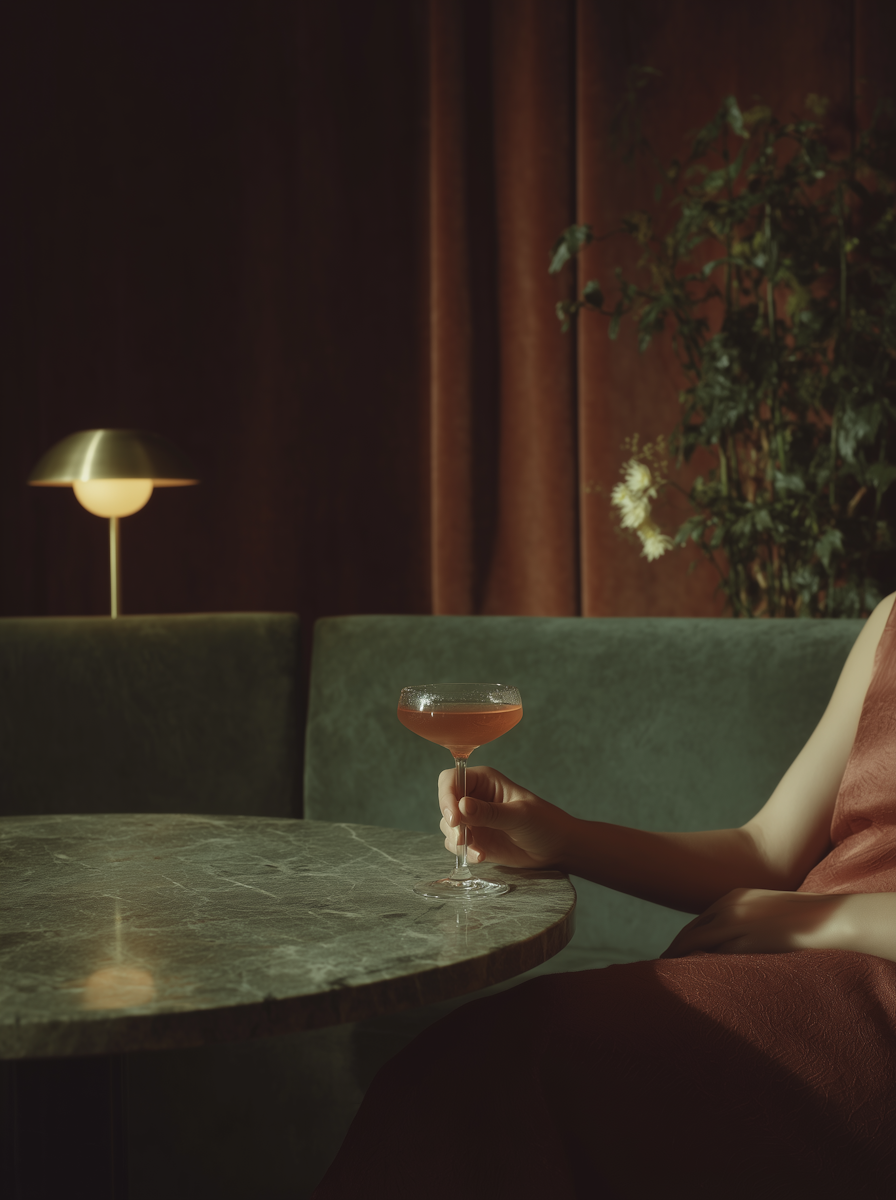 Lifestyle hospitality scene featuring a woman holding a cocktail in a luxury lounge, used for social media brand storytelling and experiential marketing content.