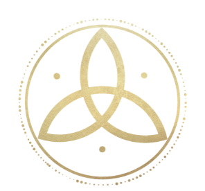 A geometric design with three interlocked, curved lines forming a symmetrical pattern inside a circular border with decorative dots.