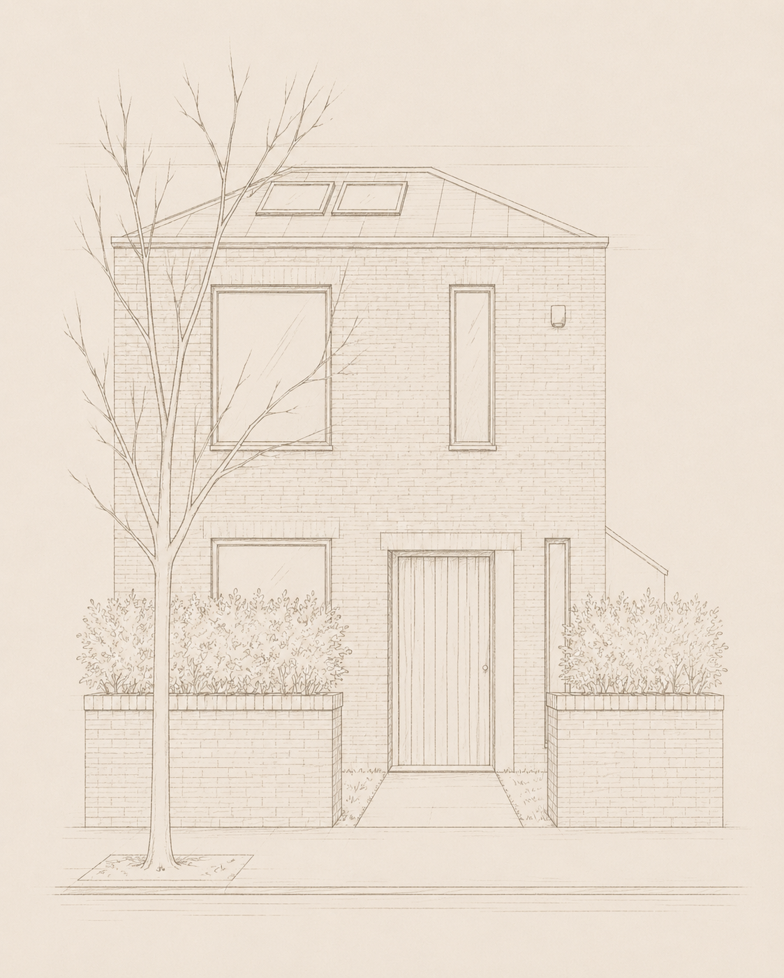 A brick house covered in dense green ivy with multiple windows and a partially visible black door.