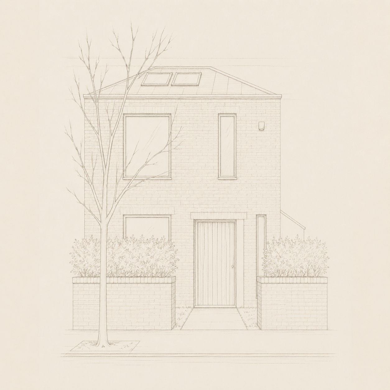 A brick house covered in dense green ivy with multiple windows and a partially visible black door.