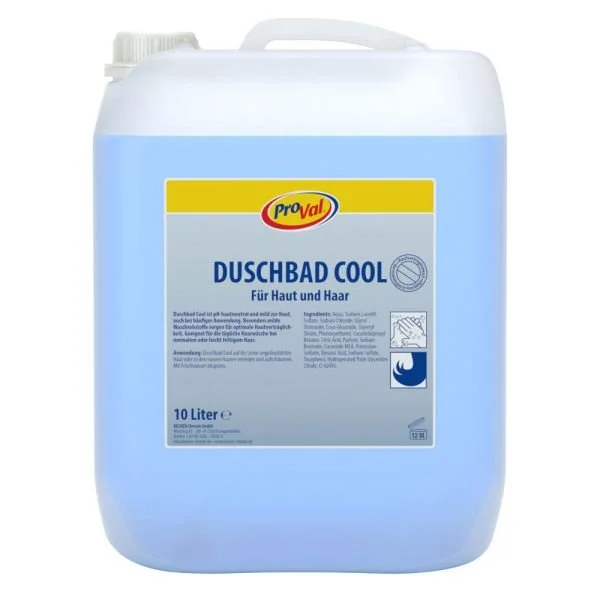 Großer blauer Eimer mit Duschbad Cool für Haut und Haar, 10 Liter, von Provál, mit Etikett, das den Namen und die Inhaltsstoffe beschreibt.