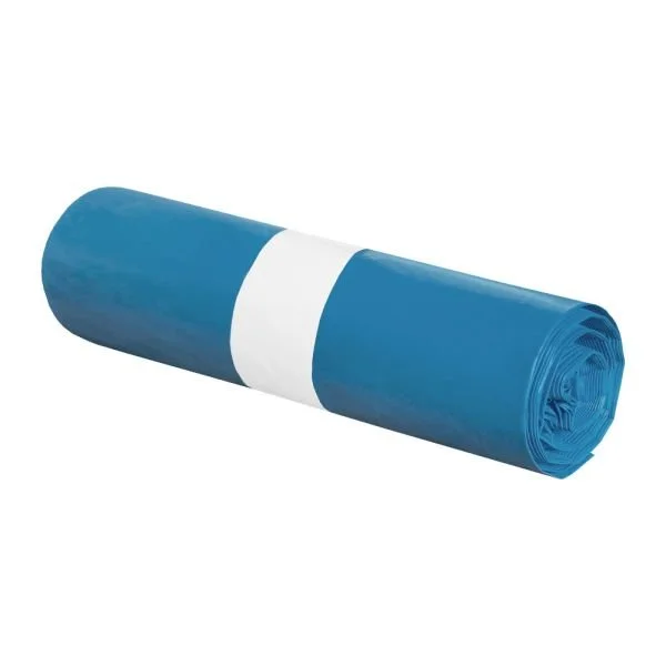 Ein blaues zusammengefaltetes Camping- oder Strandtuch mit weißem Band zum Fixieren.