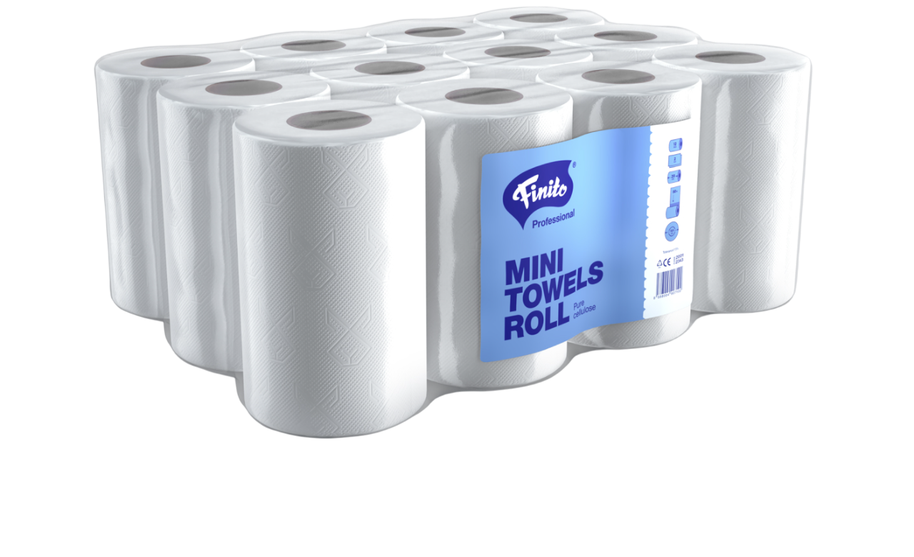 Ein Packung mit mehreren weißen Minihandtüchern, mit blauer Beschriftung, Markenname Finito, und der Bezeichnung Mini Towels Roll.