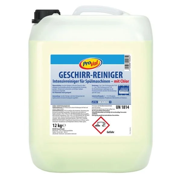 Großer Kanister mit ProVal Geschirr-Reiniger, Intensivreiniger für Spülmaschinen mit Chlor, 12 kg, Gefahrstoff mit Gefahrensymbolen
