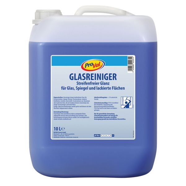Großer blauer Kanister mit ProVal Glasreiniger, 10 Liter, für Glas, Spiegel und lackierte Flächen.