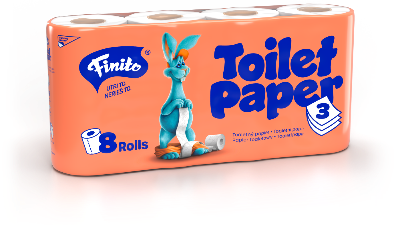 Packung Toilettenpapier mit 8 Rollen, orange Verpackung, blauer Text, Cartoon-Hase mit Toilette Papier, Markenname 'Fino' auf der Packung.