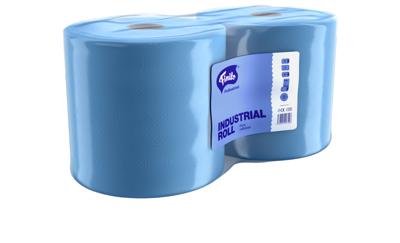 Zwei blaue Industriepapierrollen in Verpackung mit Aufkleber, der 'Industrial Roll' und 'Pure Cellulose' beschreibt.