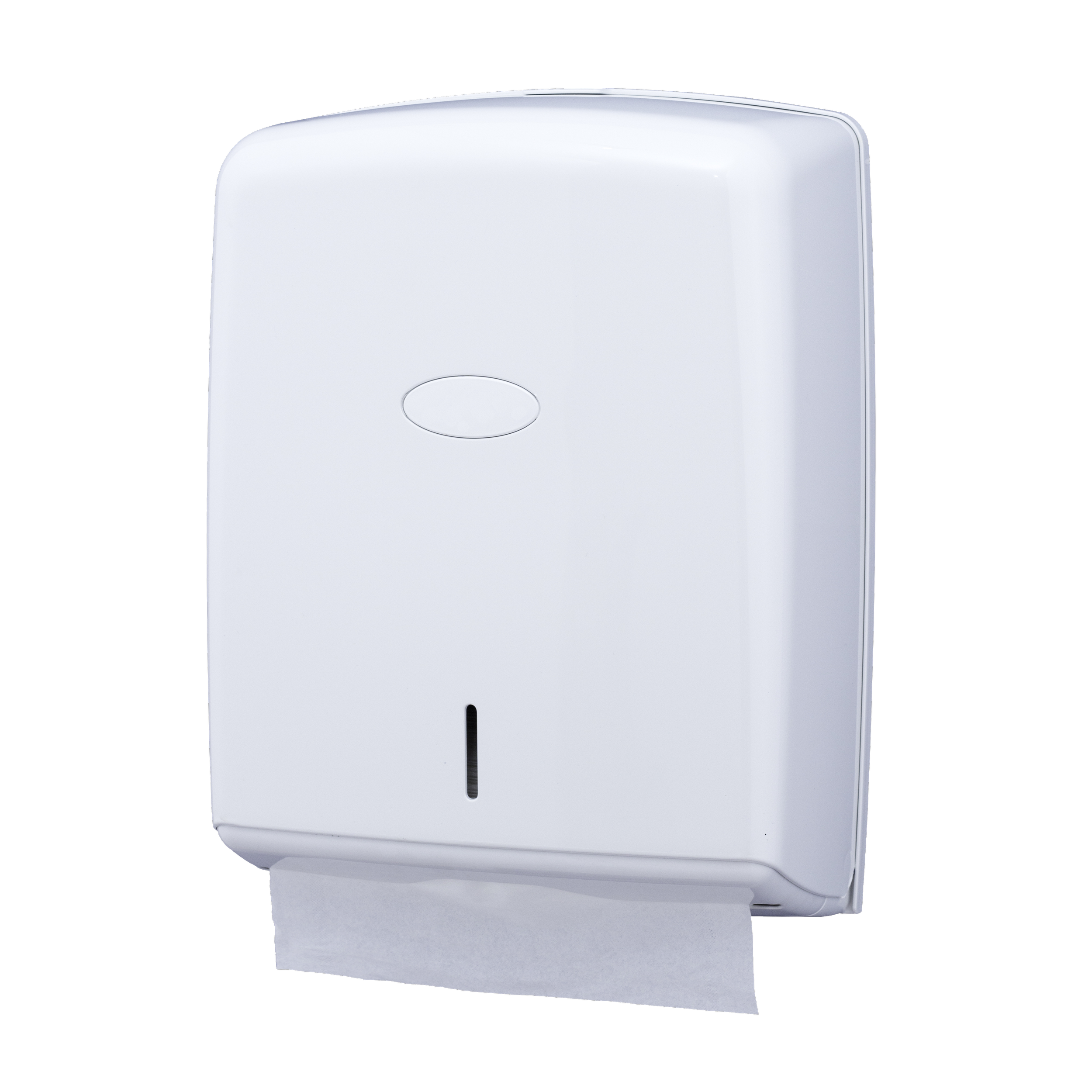 Ein weißer Toilettenpapierhandtuchspender gegen schwarzen Hintergrund.