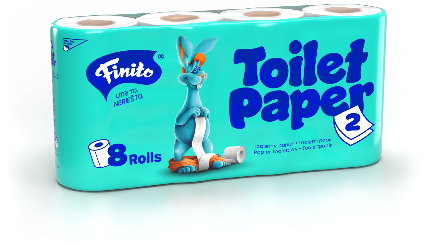 Packung Toilettenpapier der Marke Finito mit acht Rollen, blaue Verpackung, Cartoon-Häschen, das ein Toilettenpapierrolle hält.