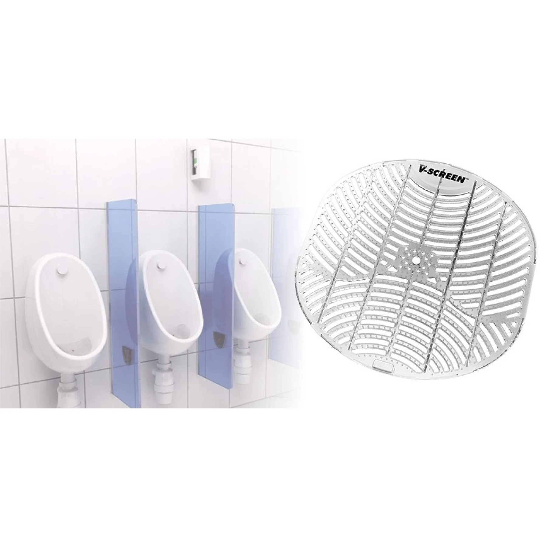 Drei Urinalanlagen im Männer-WC mit blauen Sichtschutzpaneelen und einem aufgebrachten Desinfektionsspender an der Wand. Rechts ein runder, gelochter Edelstahl-Sitz, vermutlich für eine Bauchwaschmaschine oder ähnliches.