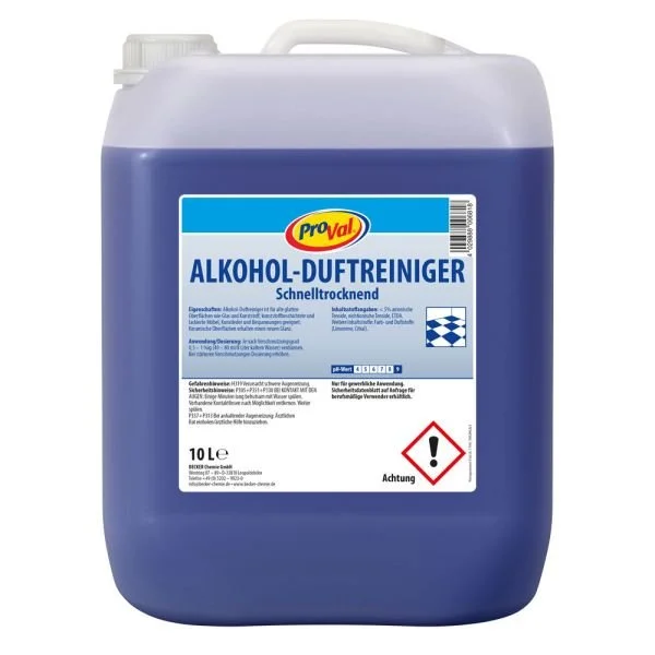 Großer blauer Kanister mit weißem Deckel, labeled 'ProVal Alkohol-Duftreiniger', 10 Liter, Gebrauchsanweisung, Warnhinweis mit Ausrufezeichen.