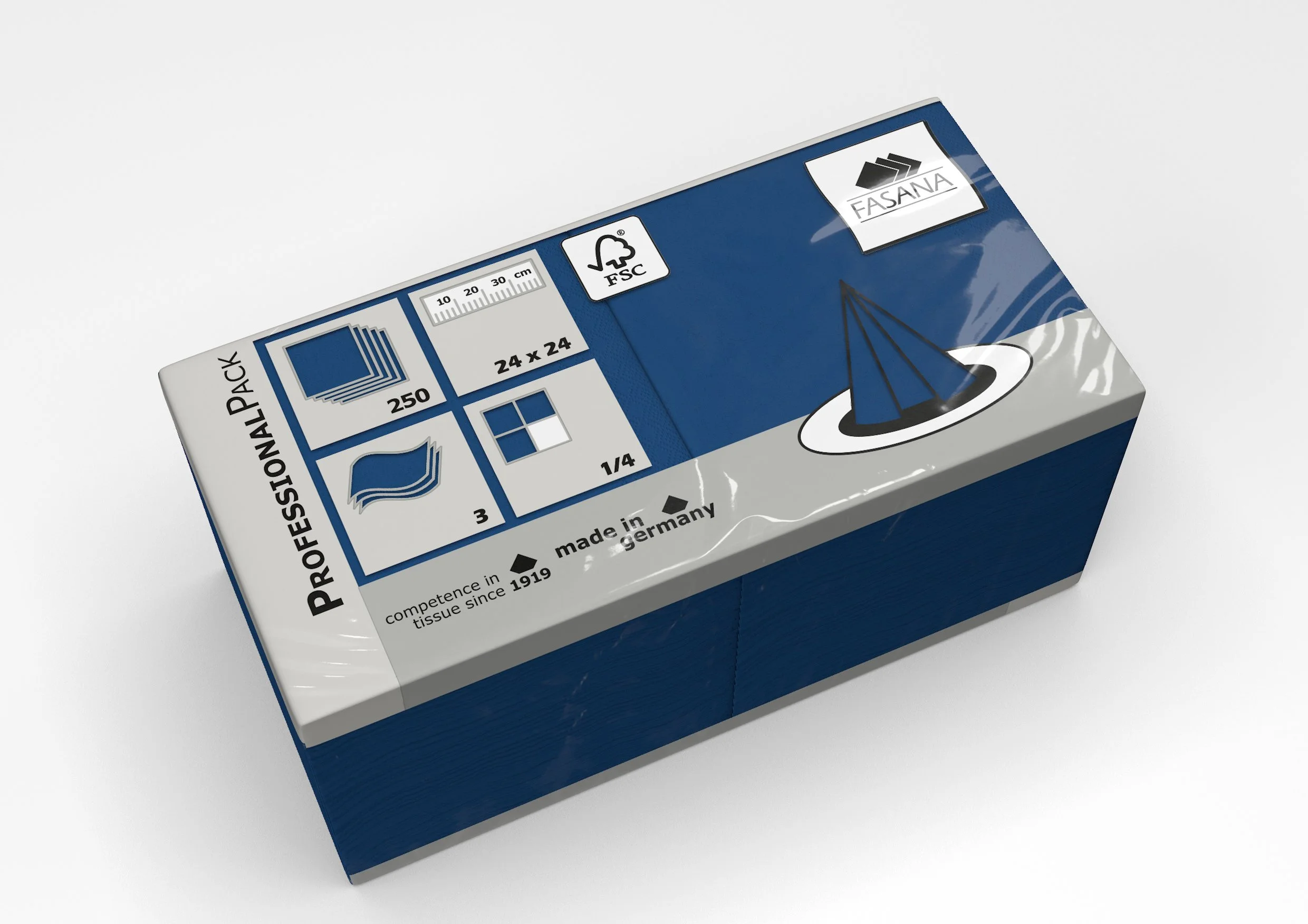 Schachtel mit Papierhandtüchern, blau und grau, mit Anweisungen und Logos, hergestellt in Deutschland.