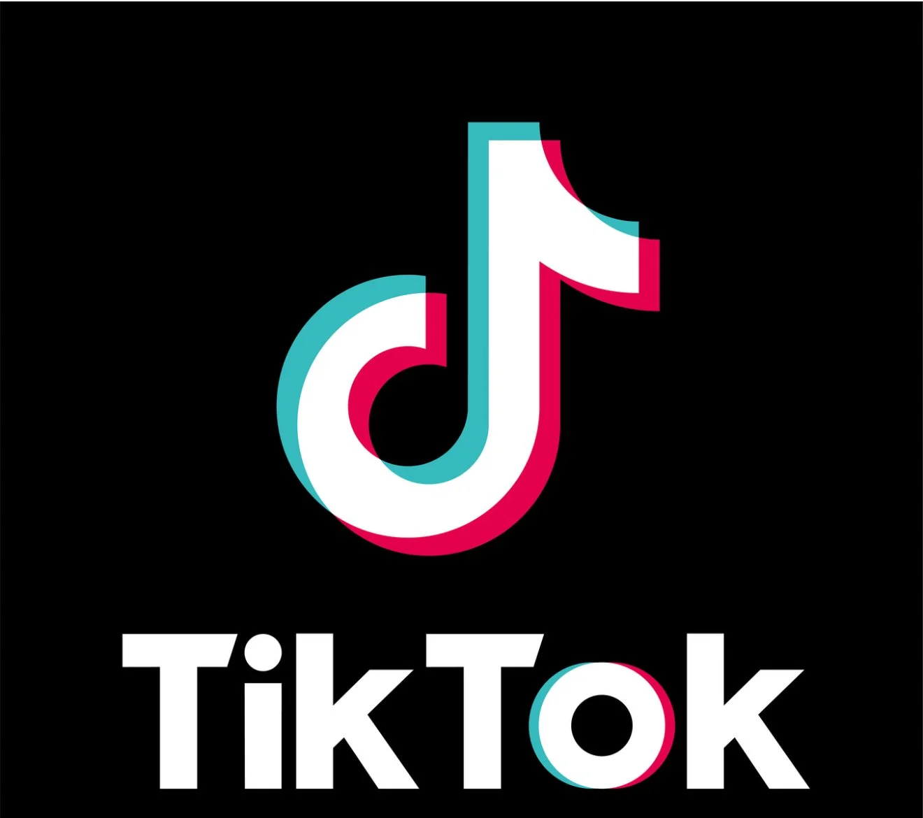 The TikTok logo with a black background, featuring the stylized musical note symbol in teal, pink, and white colors, and the word 'TikTok' below in white text with a pink and teal shadow effect on the letter 'o'.