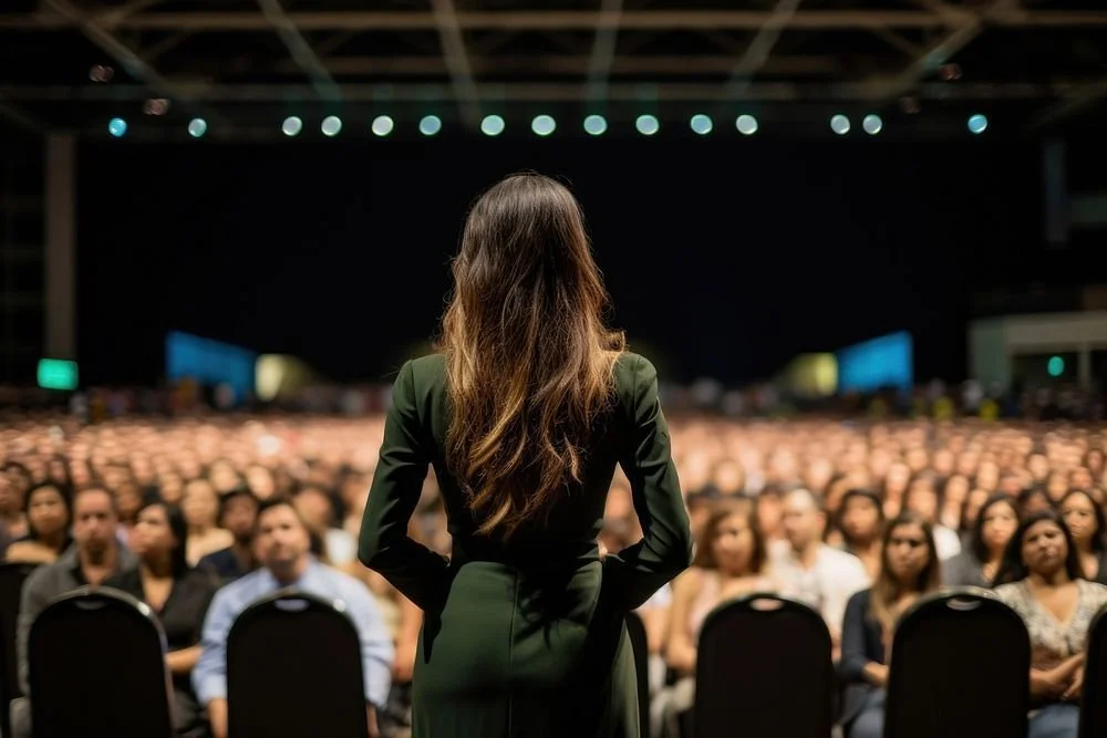 A woman with long hair standing in front of a large audience in a conference hall.
