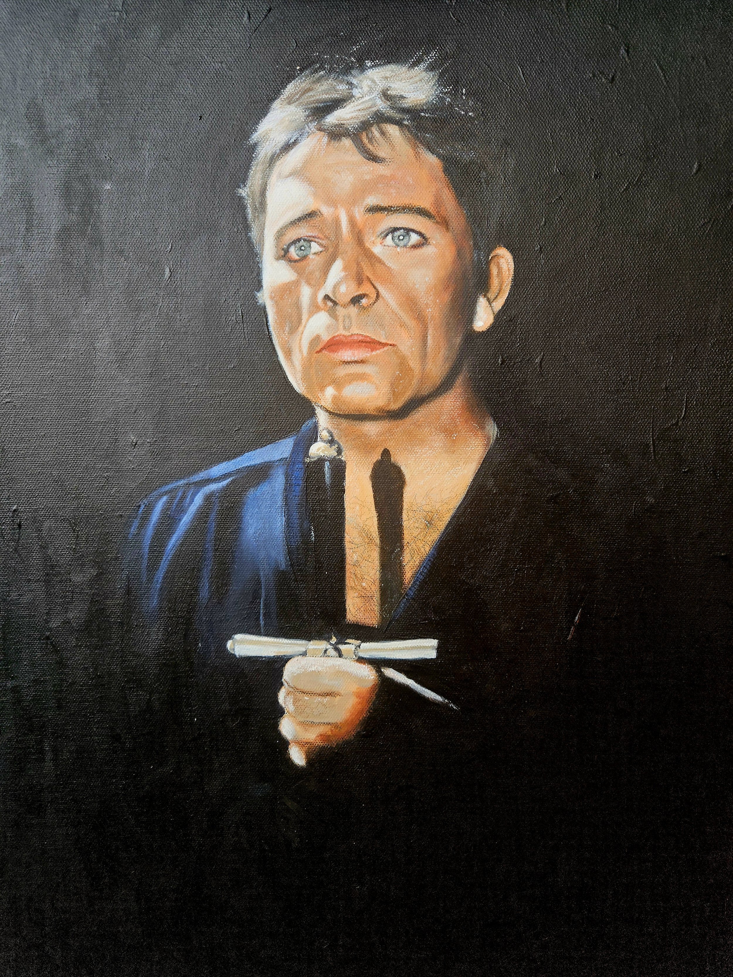 Painting of a woman with short, light-colored hair, blue eyes, and a serious expression, holding a pen or marker, dressed in a dark jacket, against a dark background.