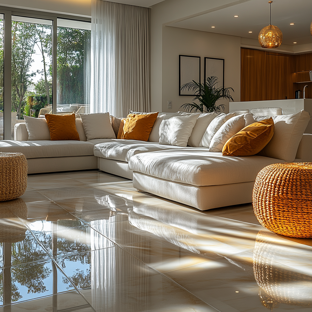 Bright living room with white sectional sofa adorned with mustard yellow pillows, large glass sliding doors with sheer white curtains, and polished tile floors reflecting sunlight. Potted plant and framed artwork are on the wall, with ceiling lights and hanging pendant lights above.